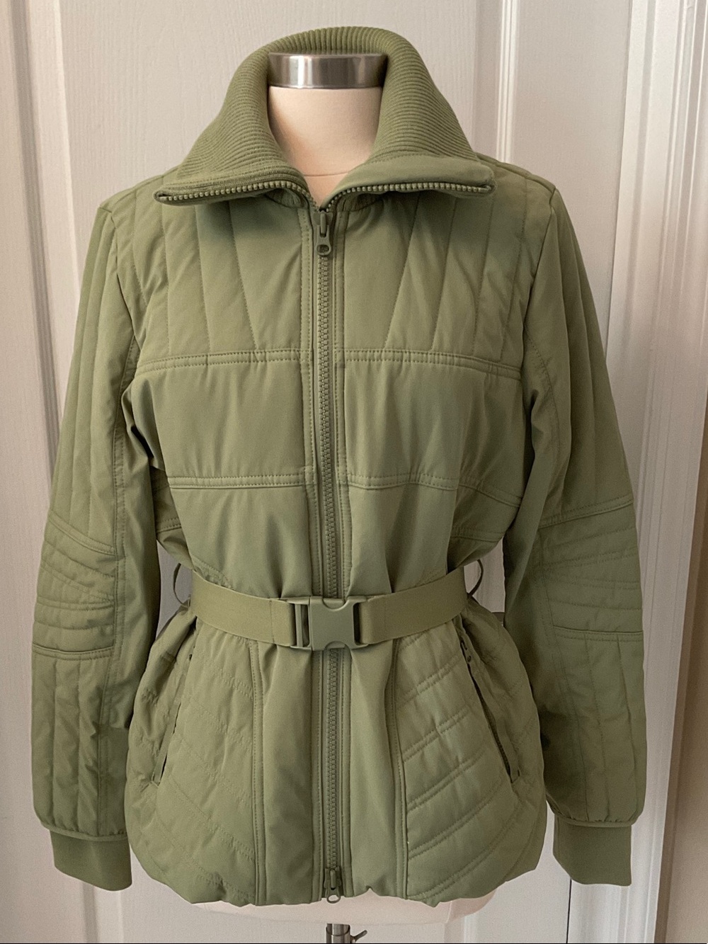 CAbi Sage Green Quilted Belted Ski Jacket